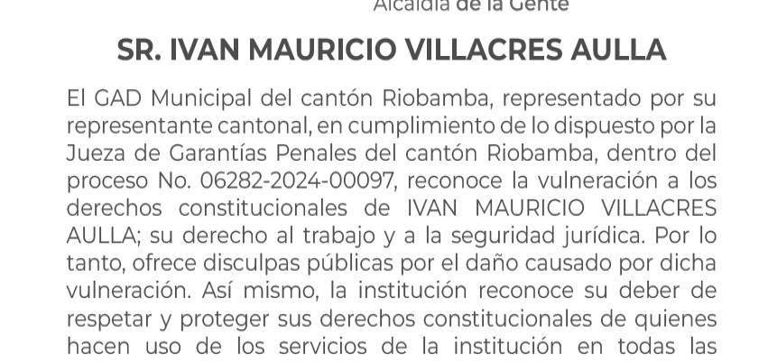 DISCULPAS PÚBLICAS - Sr. Ivan Mauricio Villacrés Aulla