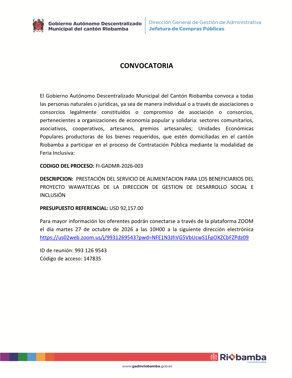 CONVOCATORIA - SERVICIO DE ALIMENTACION PARA LOS BENEFICIARIOS DEL  PROYECTO WAWATECAS